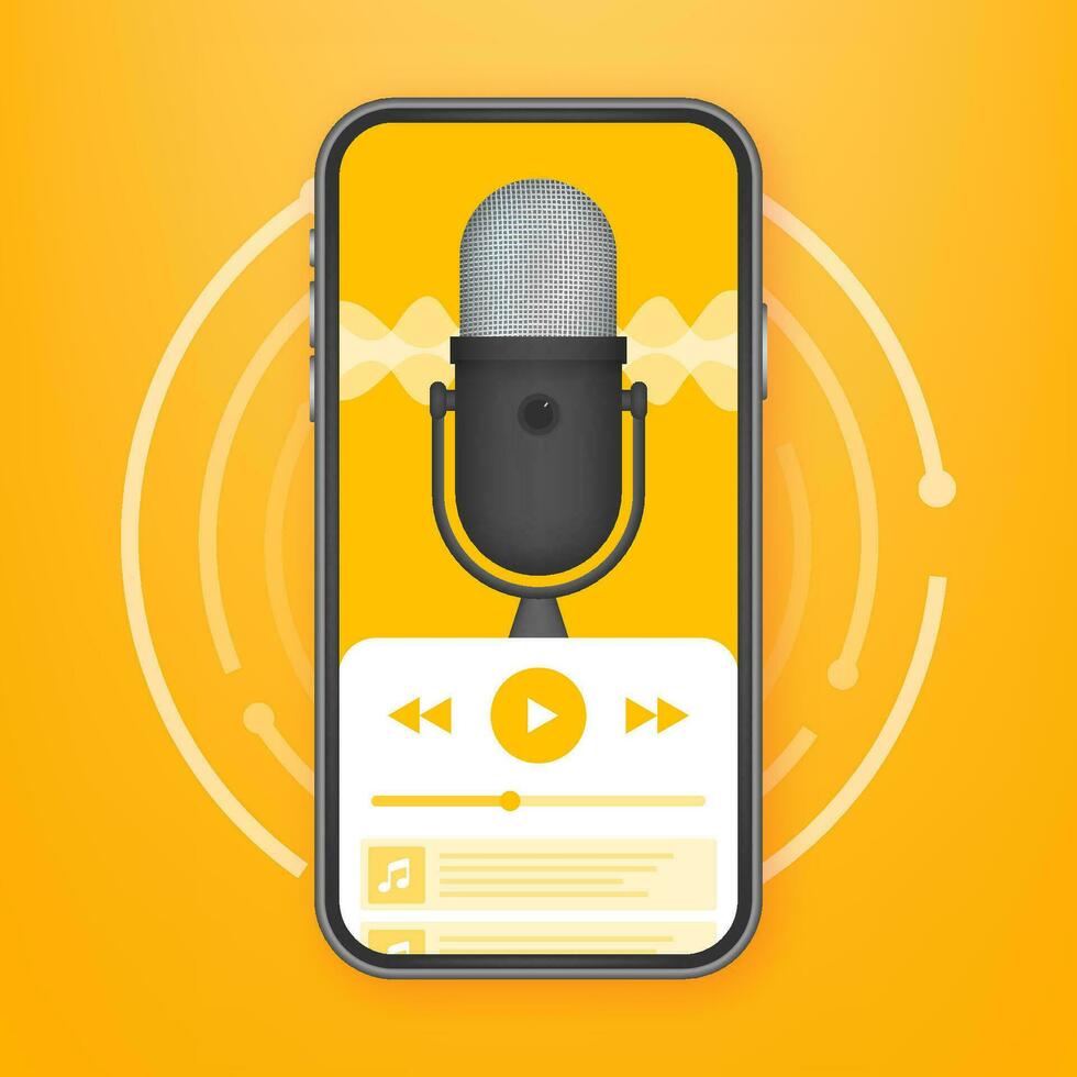 Podcast Anwendung, Handy, Mobiltelefon ui. Aufzeichnung, online Rundfunk. Audio- bloggen. Radio Programm Vektor Lager Illustration