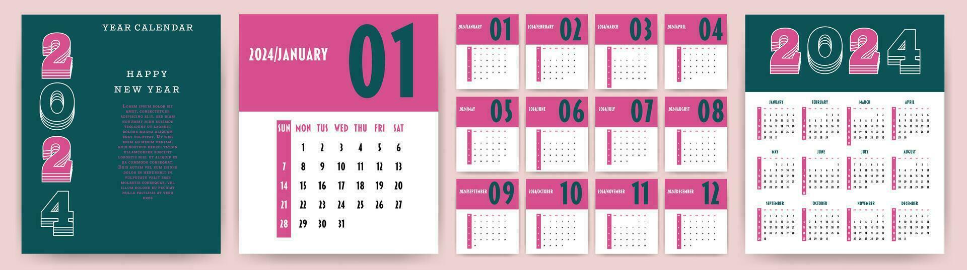 Kalender 2024 Jahr. Woche beginnt auf Sonntag. Design zum Planer, Drucken, Schreibwaren, Veranstalter. vektor