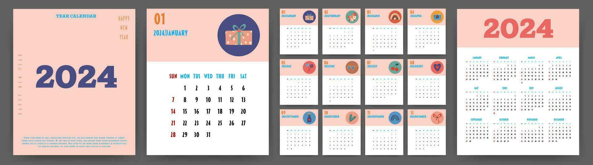 Kalender 2024 Jahr. Woche beginnt auf Sonntag. Design zum Planer, Drucken, Schreibwaren, Veranstalter. vektor