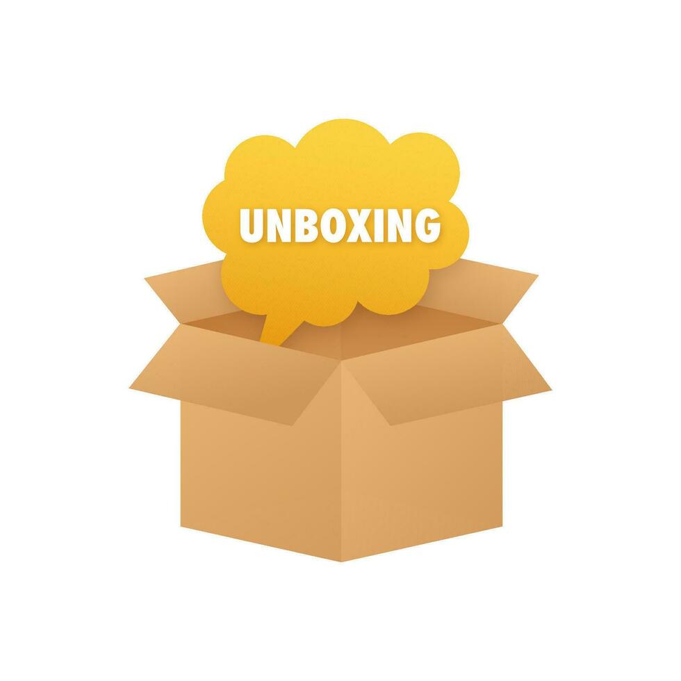packa upp, paket avboxning mall. låda öppna. vektor stock illustration