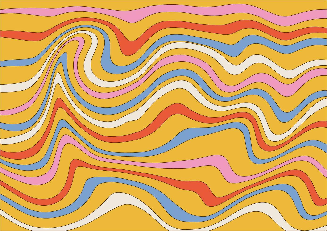 abstrakt horisontell häftig bakgrund med färgrik asymmetrisk vågor. trendig vektor illustration i stil retro 60-tal, 70-tal. pastell färger med kontur rader.