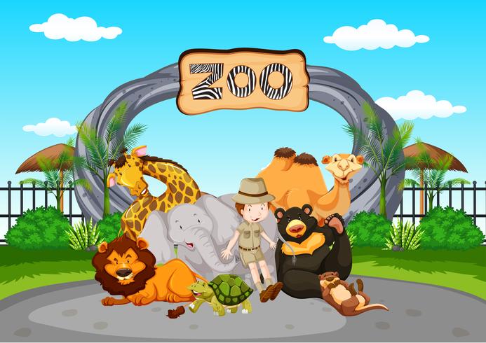 Scen på djurparken med djurhållare och djur vektor