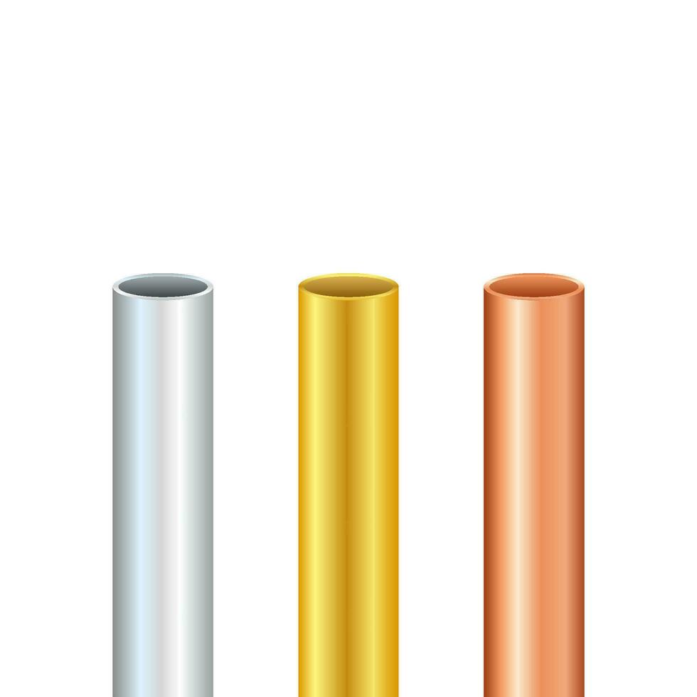 Rohr Satz. Stahl, Kupfer, Gold Rohre. Stahl oder Aluminium, Rohre von anders Durchmesser. Vektor Lager Illustration.