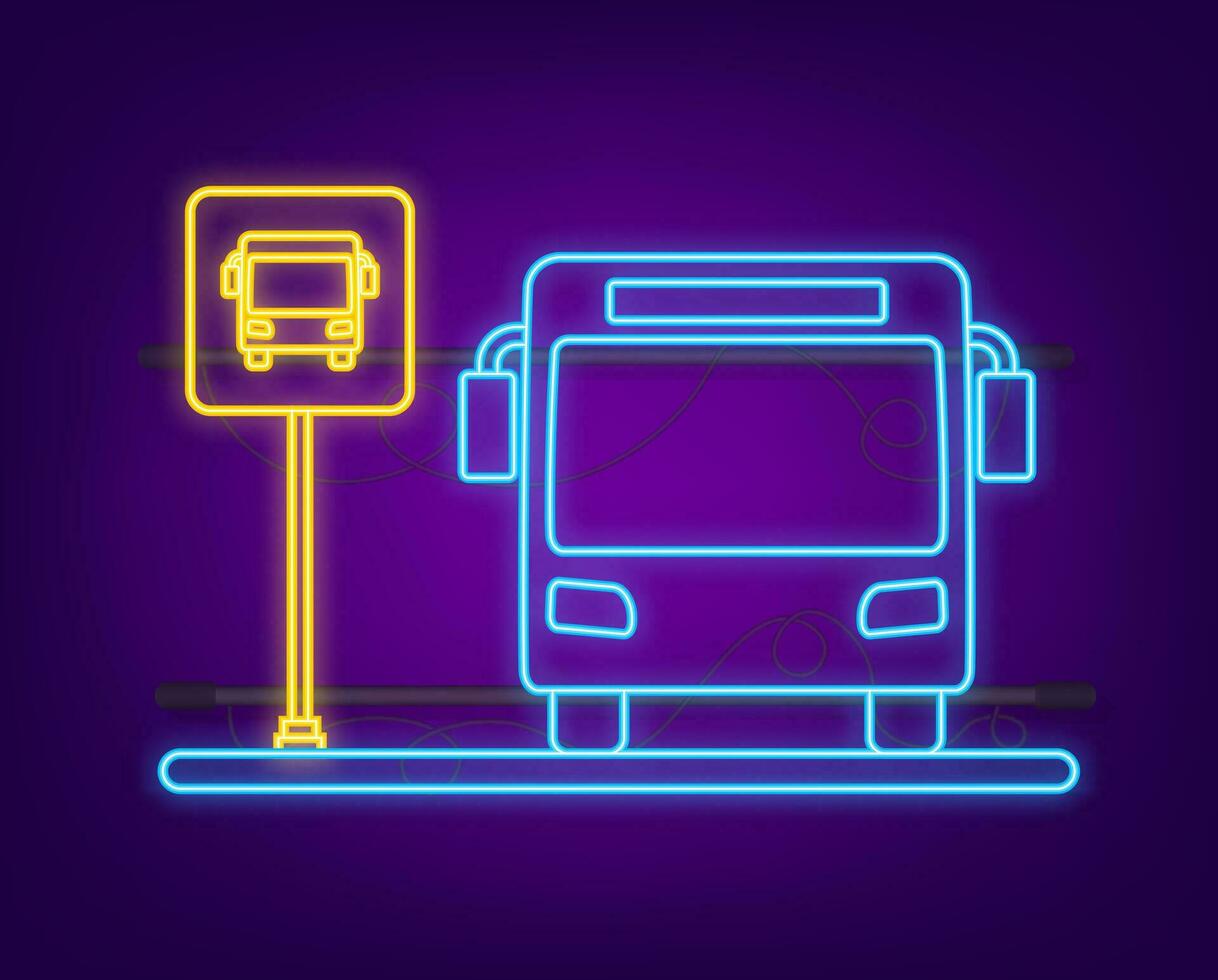 Blau Banner mit Bus Bahnhof. Neon- Symbol. Vektor Linie Illustration. Vektor eben Illustration.