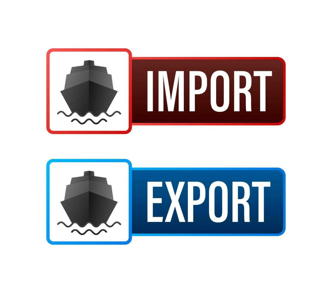 hamn kran hiss två röd frakt behållare med importera och exportera ord. vektor stock illustration