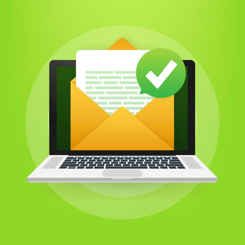 geöffnet Briefumschlag und dokumentieren mit Grün prüfen markieren. Nachprüfung Email. Vektor Illustration