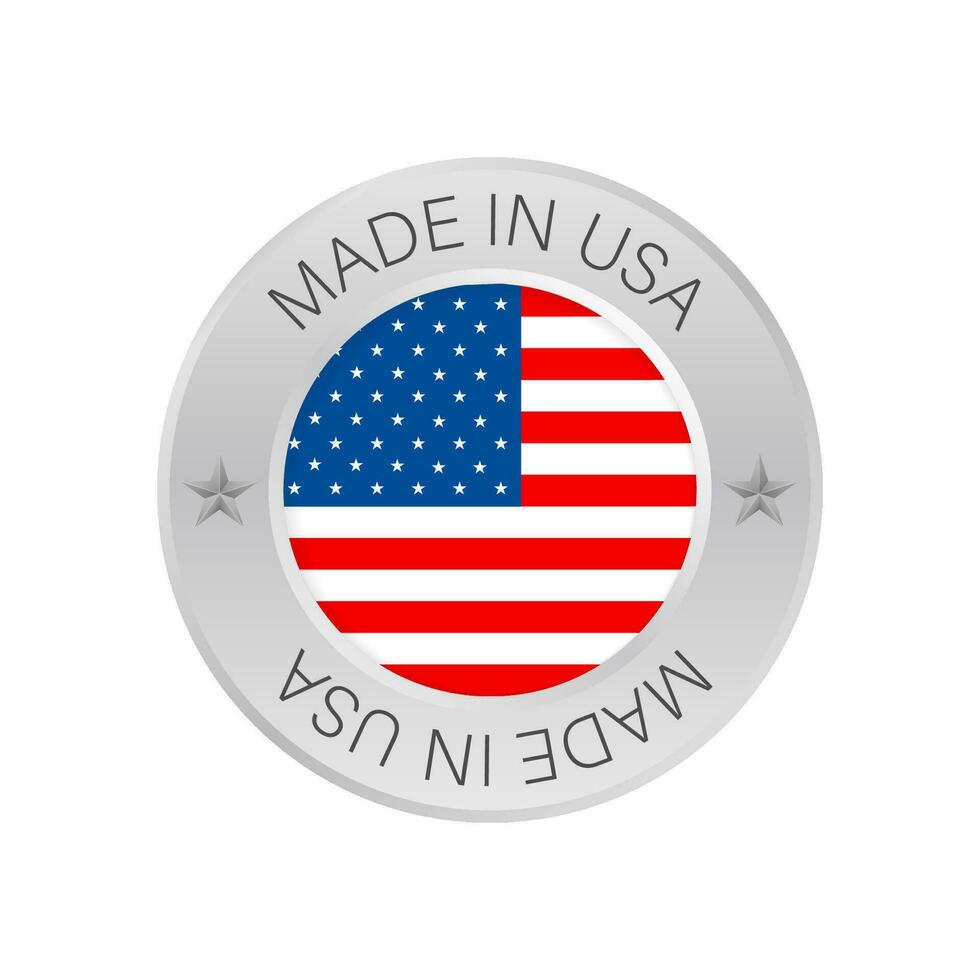 glänzend Metall Abzeichen Symbol, gemacht im USA mit Flagge. Vektor Lager Illustration