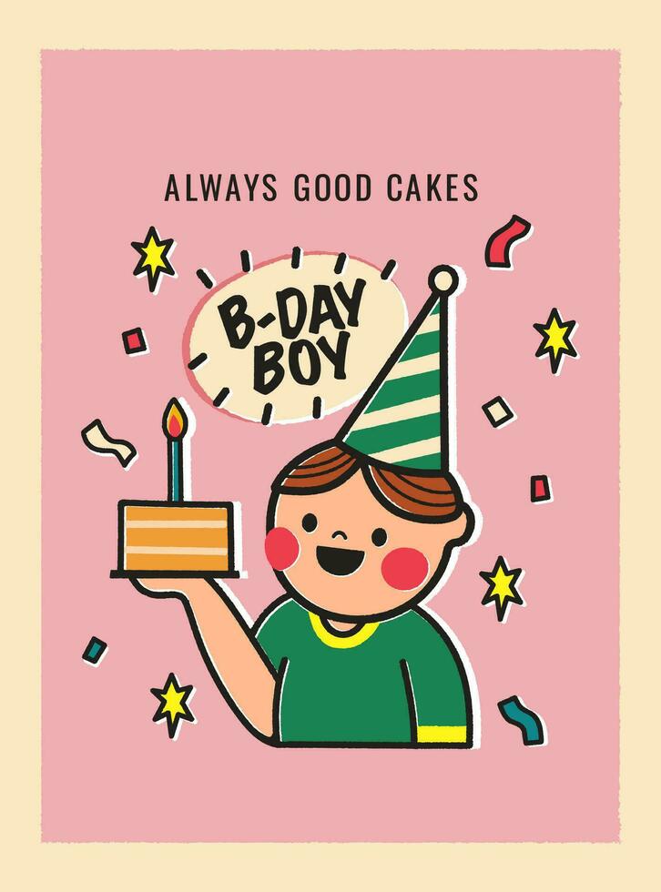 Lycklig födelsedag kort med tecknad serie pojke innehav en bit av kaka illustration på rosa bakgrund. klistermärke stil hälsning kort i retro stil. söt vykort för barn eller design för din varumärke. vektor