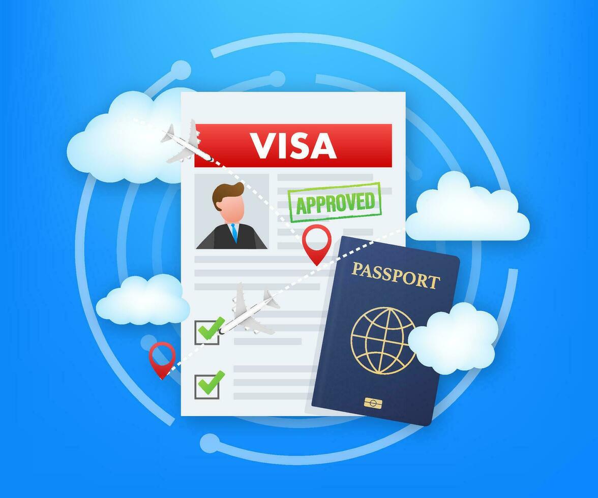 Visa Anwendung. Reise Genehmigung. Einwanderung Visa. Vektor Lager Illustration.