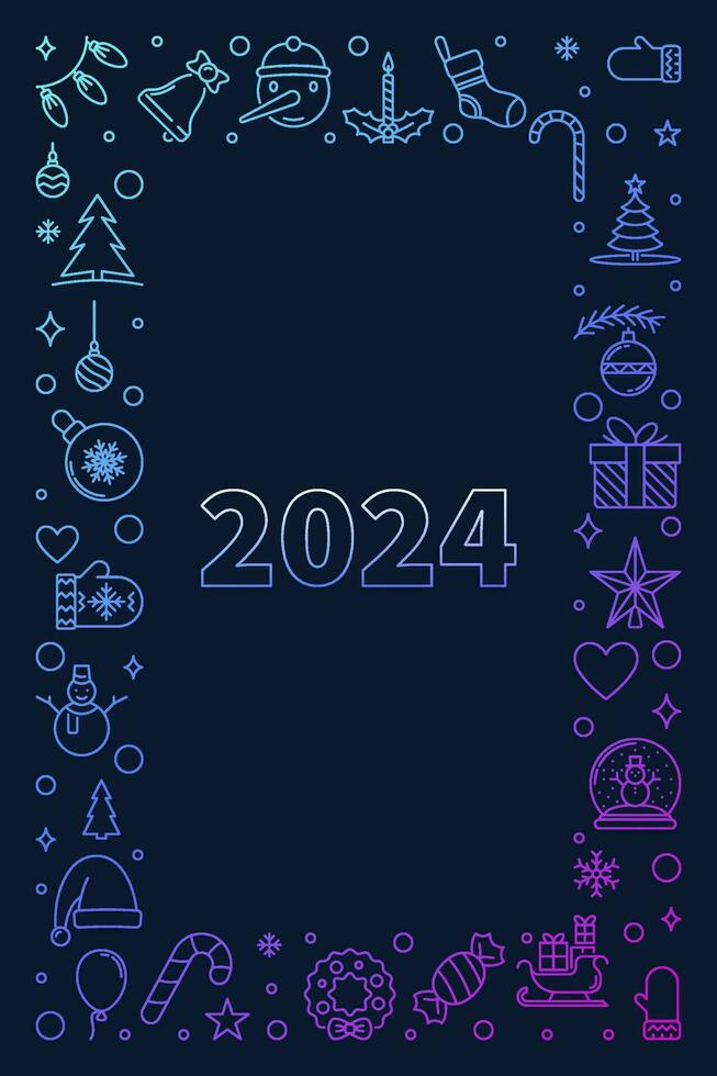 glücklich Neu 2024 Jahr linear farbig Rahmen - - Vektor Weihnachten Vertikale Illustration oder Banner