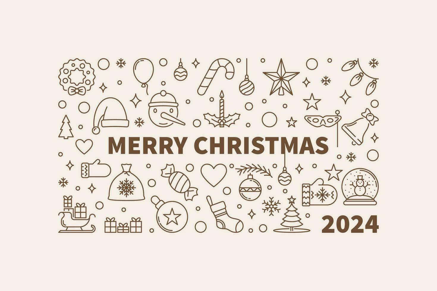 fröhlich Weihnachten 2024 dünn Linie Banner - - Vektor Weihnachten Konzept horizontal Illustration