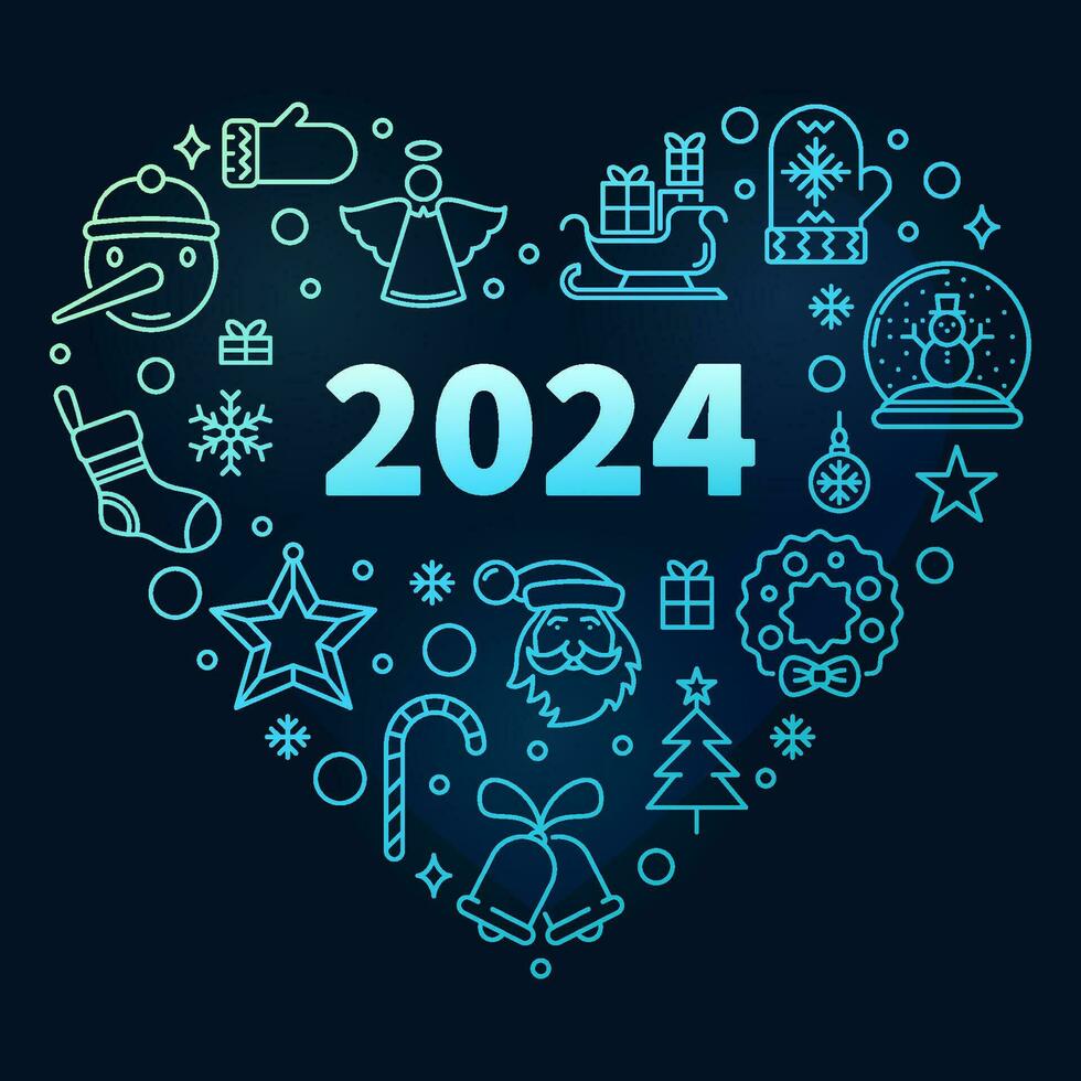 2024 xmas hjärta färgrik affisch eller baner i översikt stil - vektor Lycklig 2024 ny år hjärta formad illustration