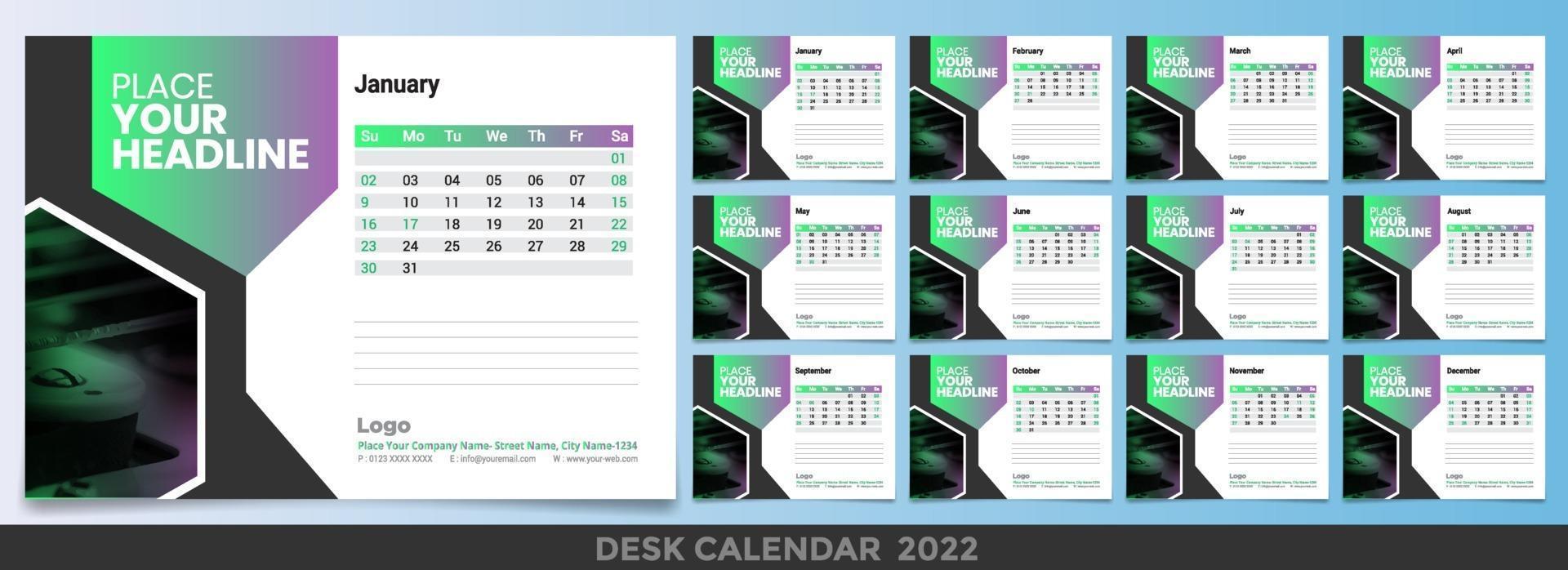 Kalender 2022 Wochenstart Sonntag Corporate Design Vorlage Vektor