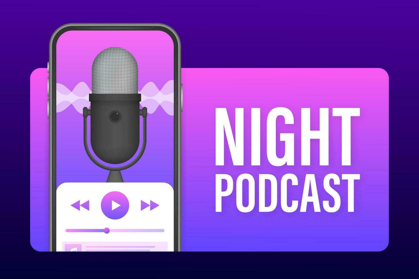 Nacht Podcast auf smatrphone Bildschirm, Vektor Symbol im eben isometrisch Stil isoliert auf Farbe Hintergrund. Vektor Lager Illustration