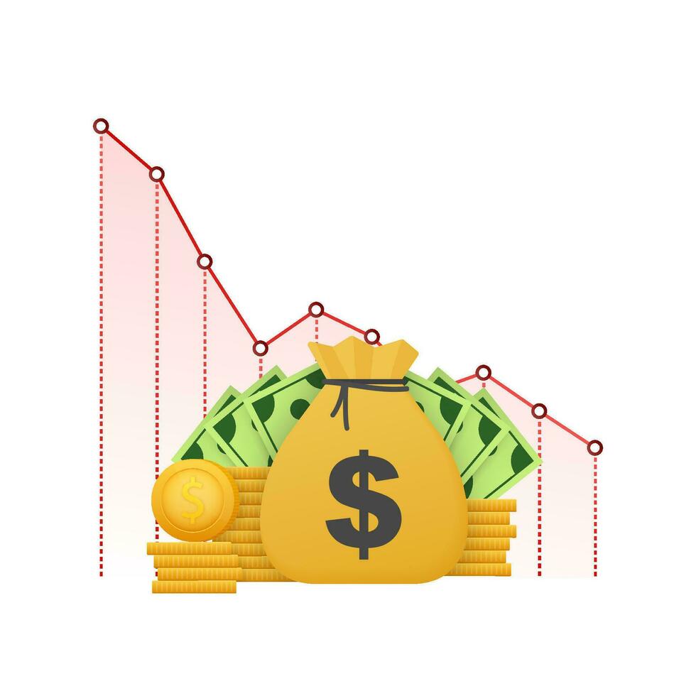 pengar förlust. kontanter med ner pil lager Graf, begrepp av finansiell kris, marknadsföra falla, konkurs. vektor stock illustration