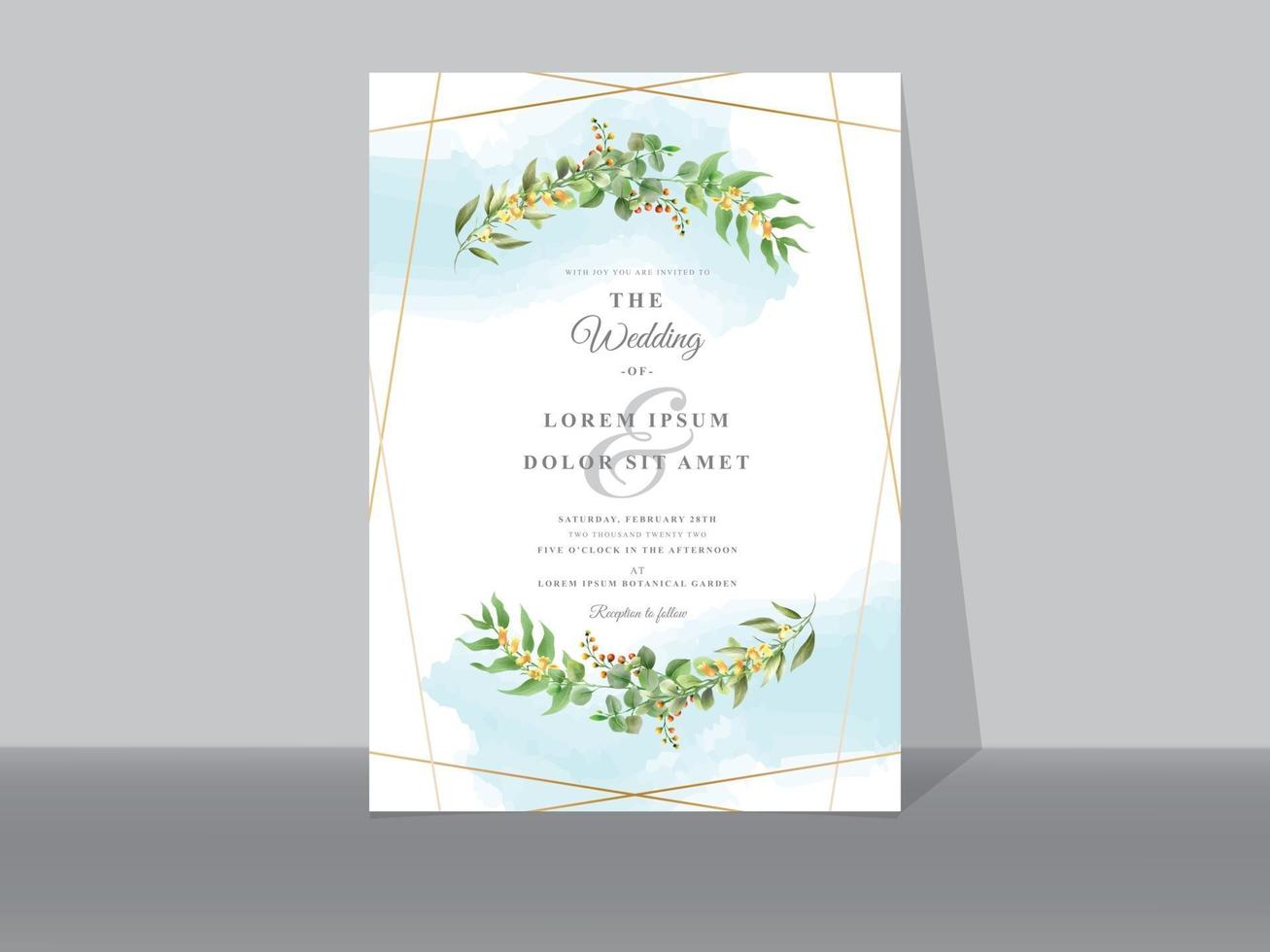 bröllop inbjudningskort med grönska tropiska blad vektor