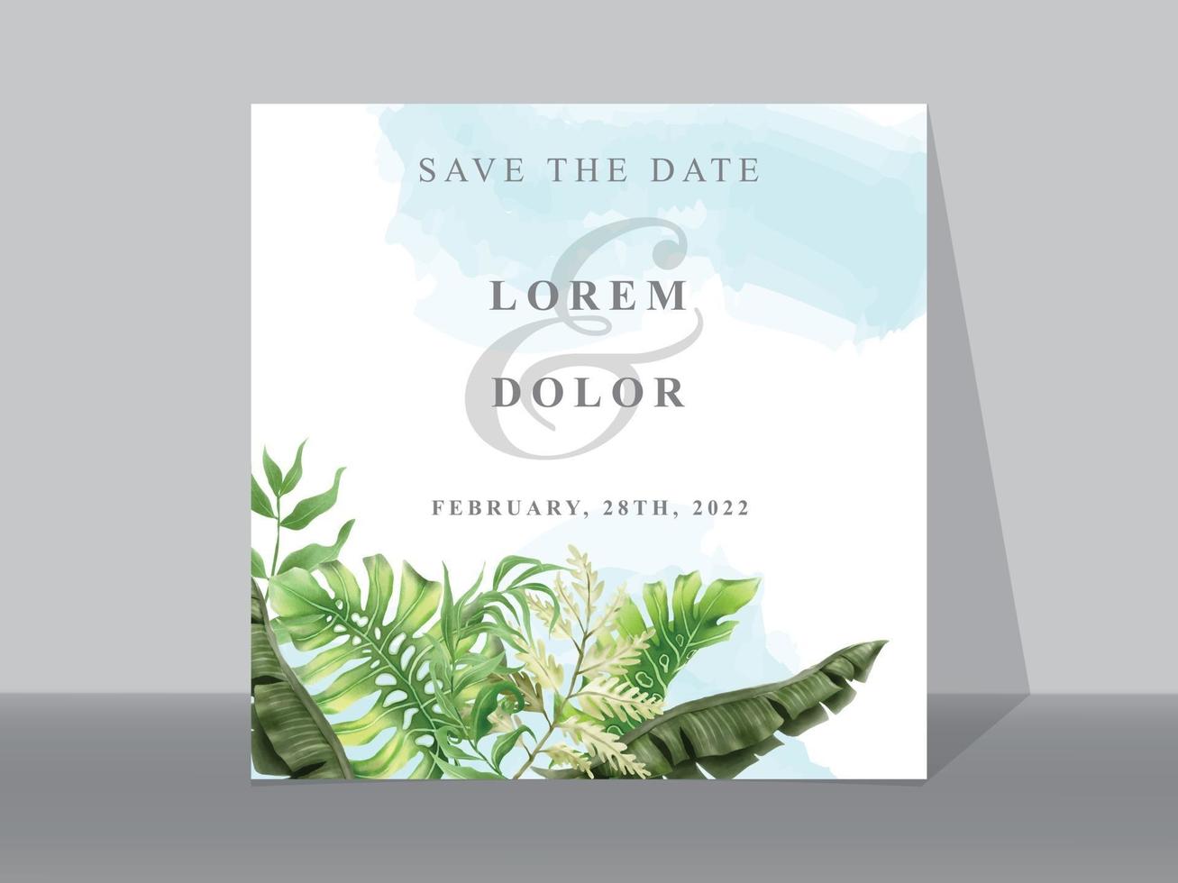 bröllop inbjudningskort med grönska tropiska blad vektor