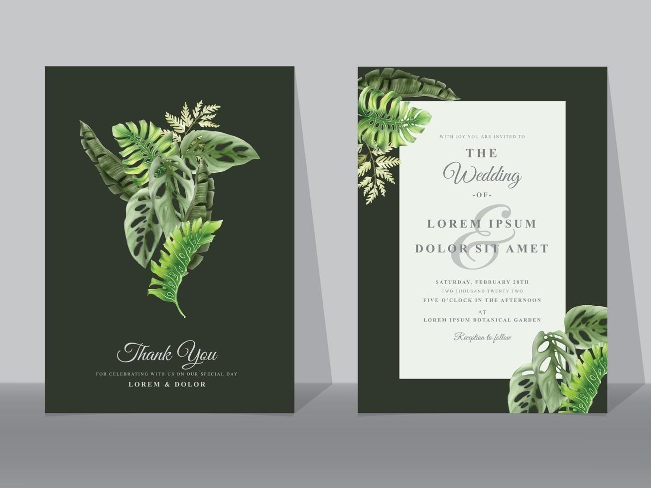 Hochzeitseinladungskarten mit grünen tropischen Blättern vektor