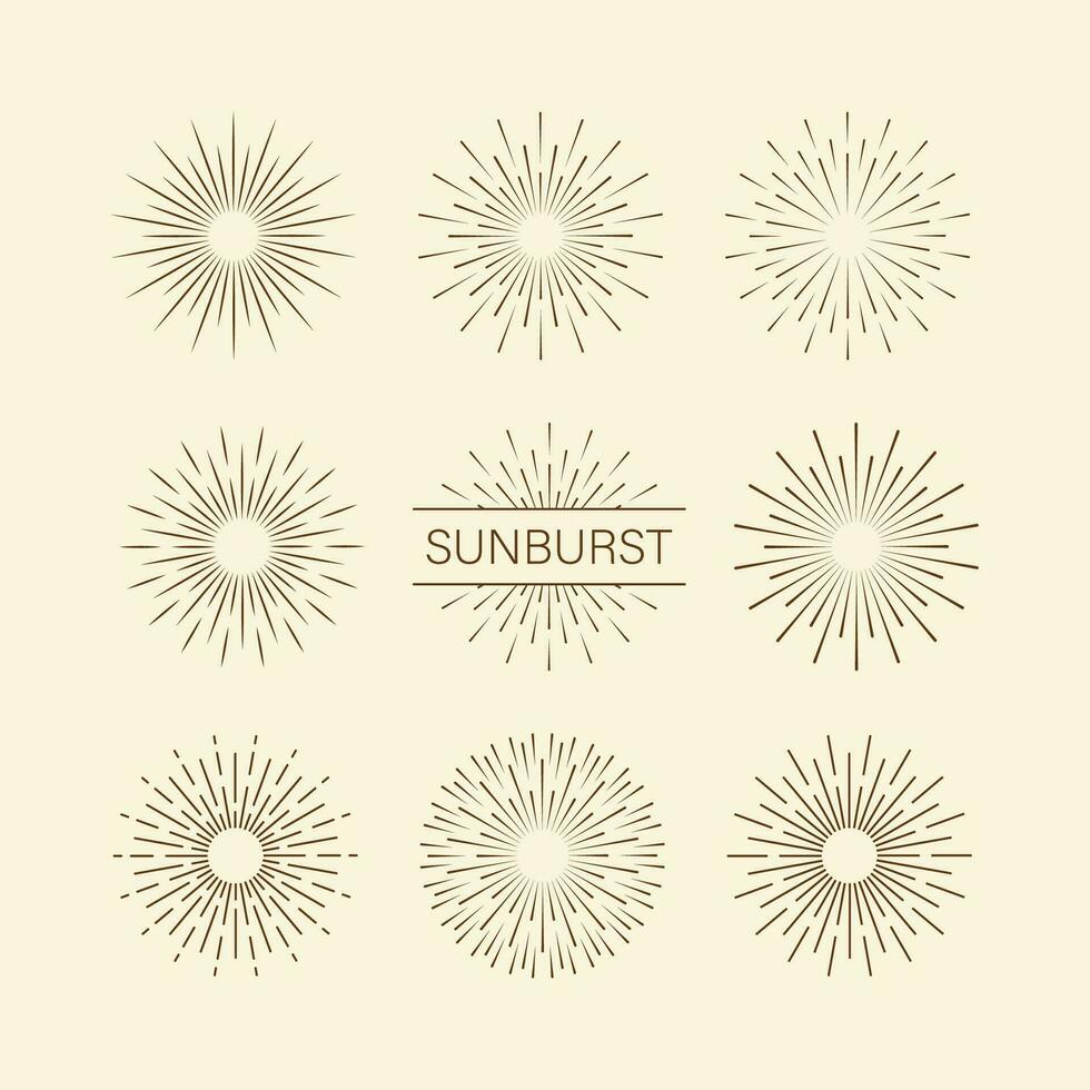 Sunburst einstellen Gold Stil isoliert auf Hintergrund zum Logo, Emblem, Logo, Schild. Feuerwerk Explosion, Stern. Vektor Lager Illustration