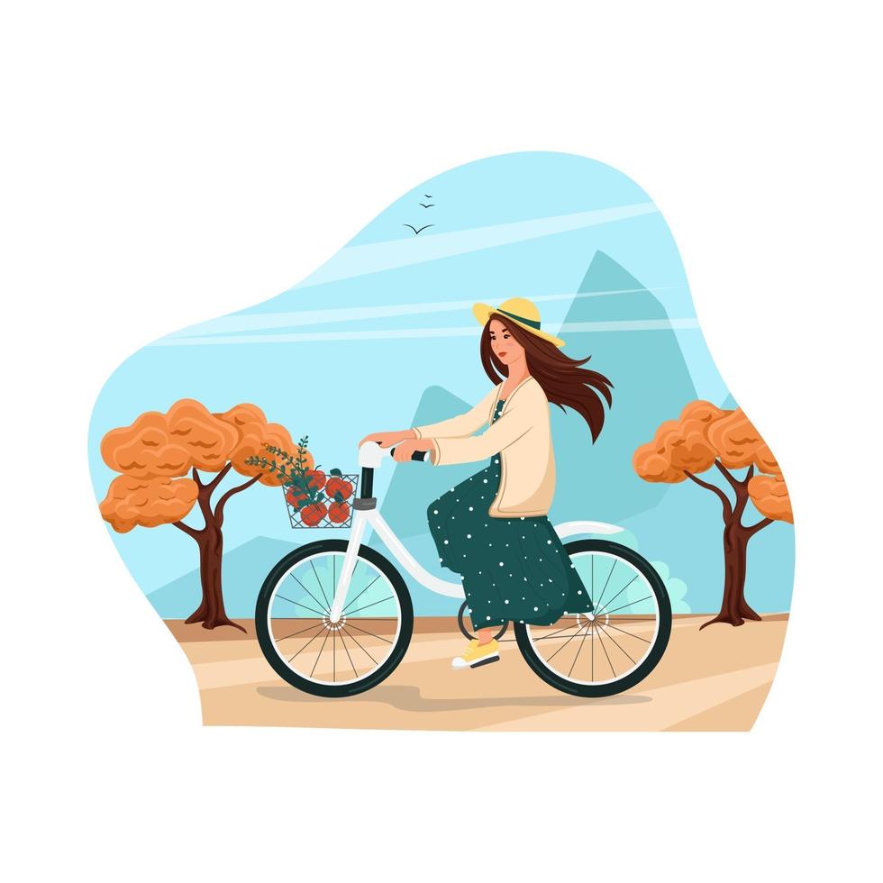 Mädchen in einem Kleid fährt eine Fahrradherbstlandschaftsvektorillustration vektor