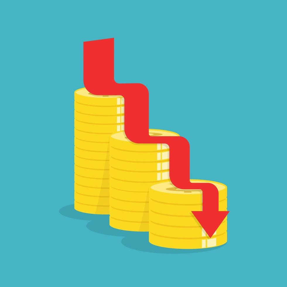 Pfeil nach unten mit Goldmünzen. Idee Konzept. Vektor-Illustration vektor