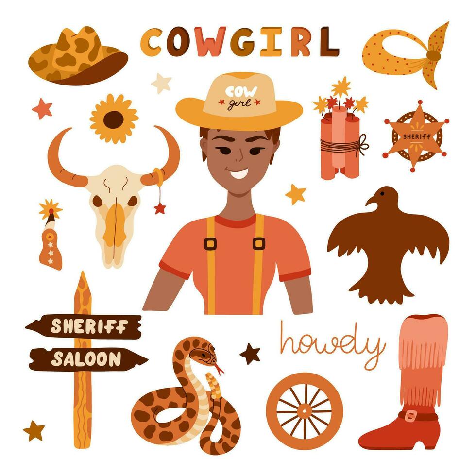 groß Cowgirl einstellen im modisch eben Stil. Hand gezeichnet einfach Vektor Illustration mit Western Stiefel, Hut, Schlange, Kaktus, Stier Schädel, Sheriff Abzeichen Stern. Cowboy Thema mit Symbole von Texas und wild Westen