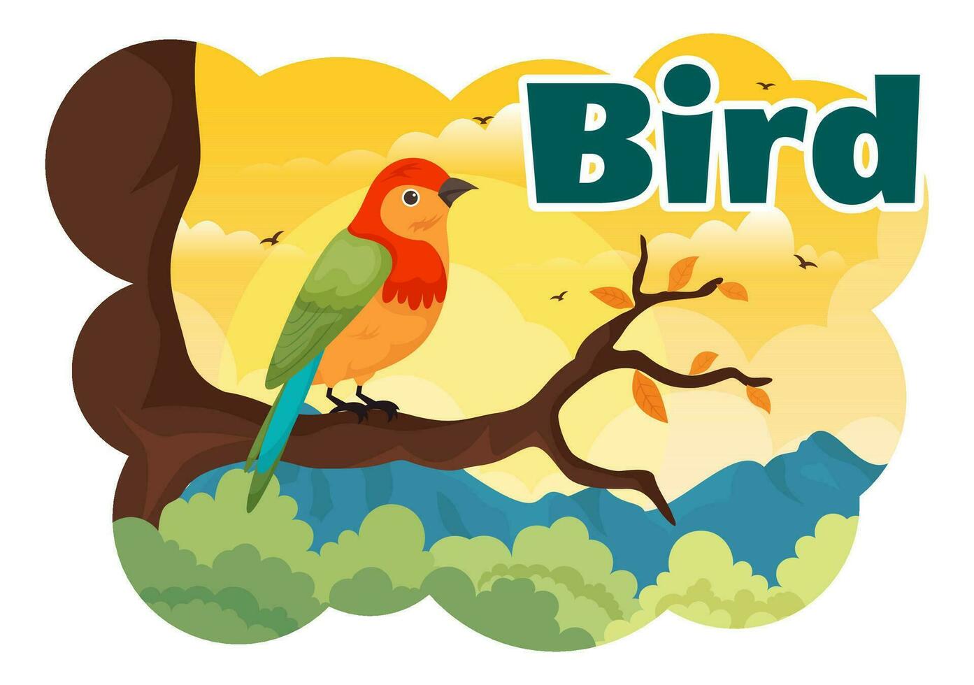 fågel djur- vektor illustration med fåglar på träd rötter och himmel som bakgrund i platt tecknad serie stil design mall
