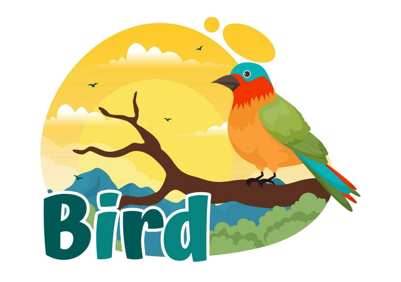 fågel djur- vektor illustration med fåglar på träd rötter och himmel som bakgrund i platt tecknad serie stil design mall