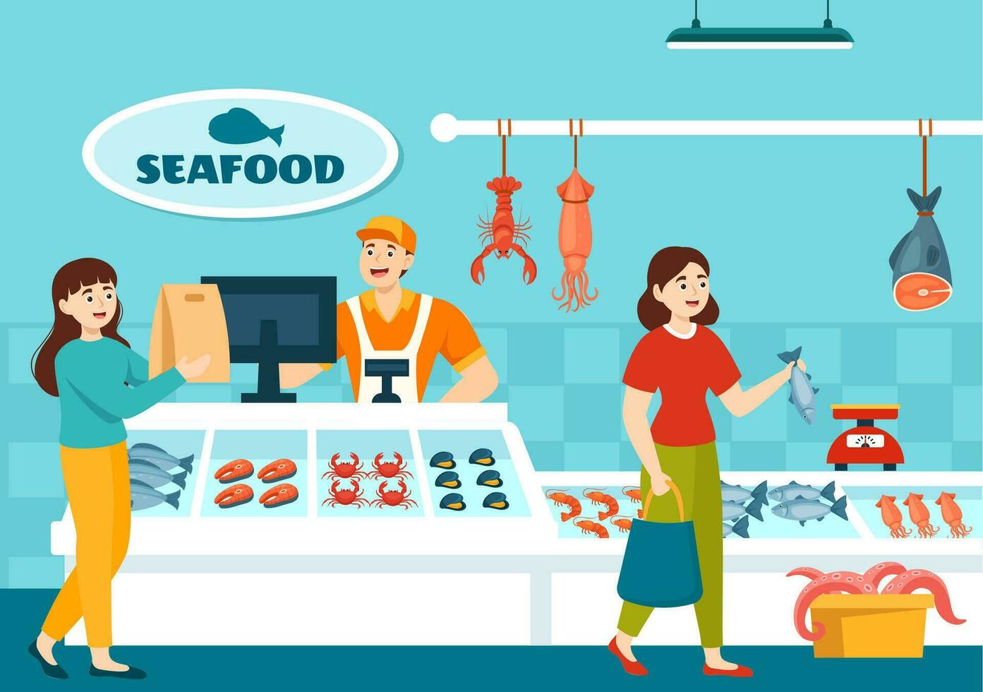 Meeresfrüchte Markt Stall Vektor Illustration mit frisch Fisch Produkte eine solche wie Krake, Venusmuscheln, Garnele und Hummer im eben Karikatur Hintergrund Design