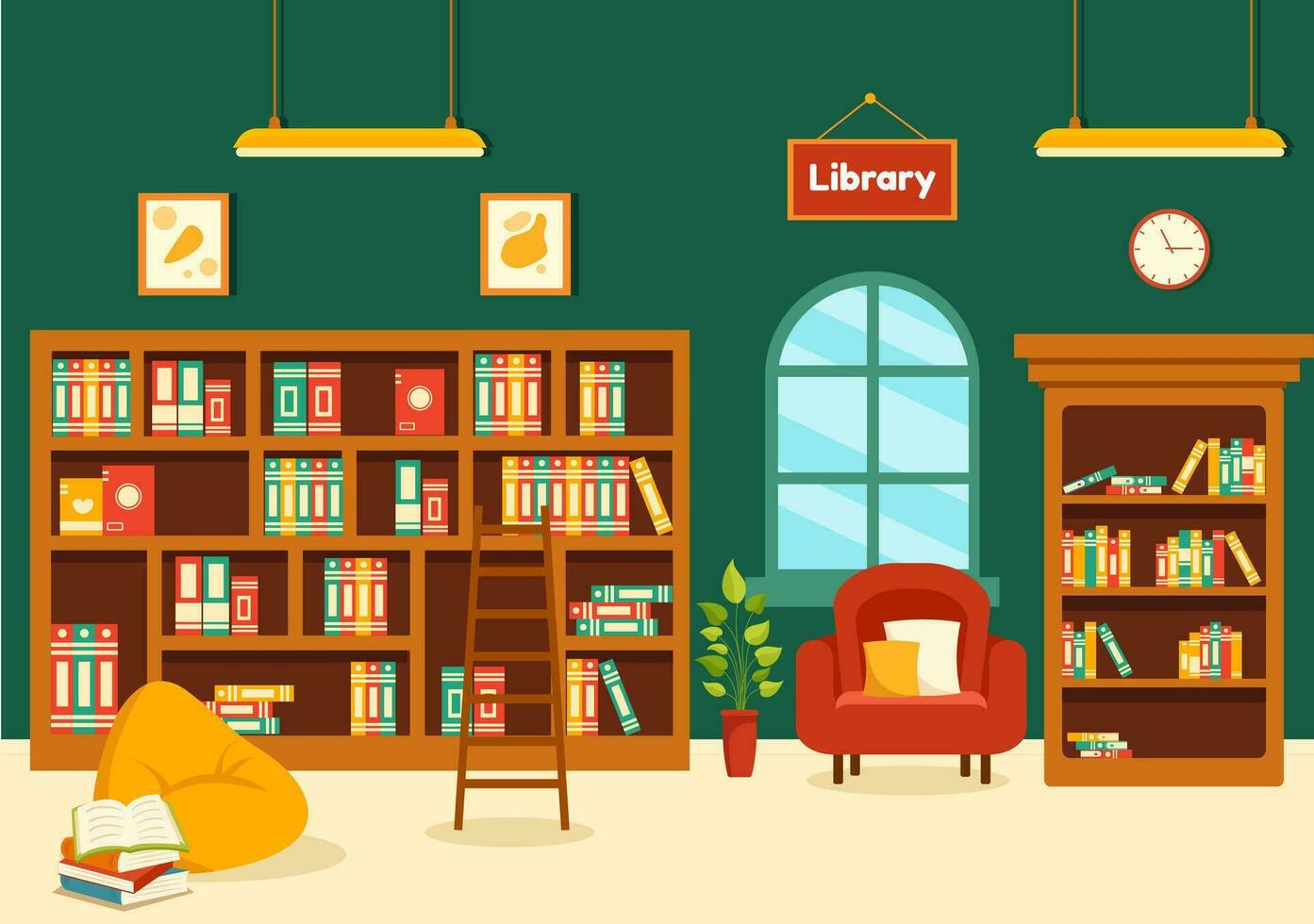bibliotek vektor illustration av bok hyllor med interiör trä- möbel för läsning, utbildning och kunskap i platt tecknad serie bakgrund design