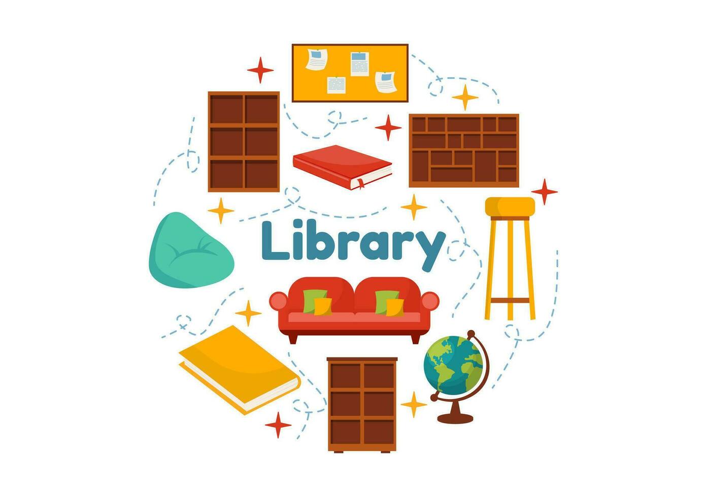 Bibliothek Vektor Illustration von Buch Regale mit Innere hölzern Möbel zum Lektüre, Bildung und Wissen im eben Karikatur Hintergrund Design