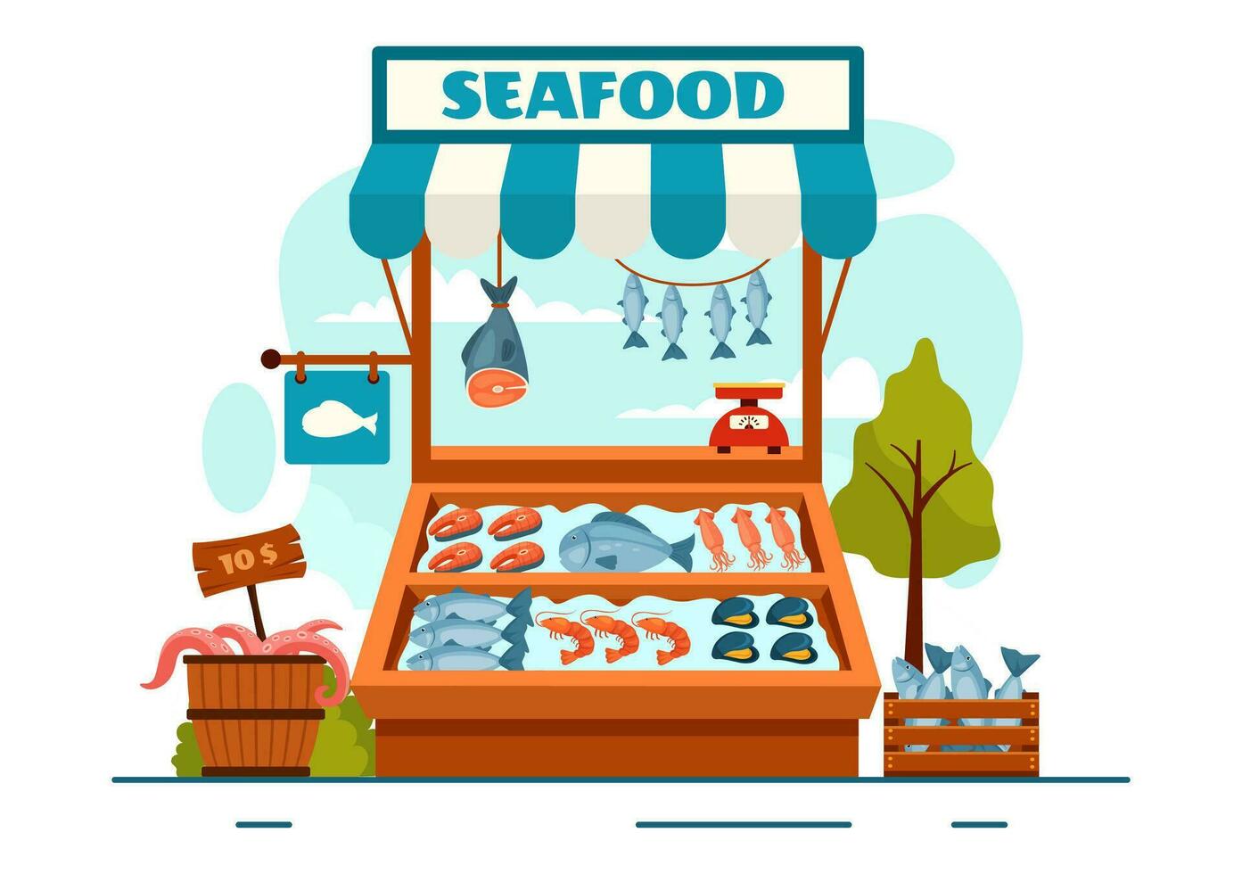 Meeresfrüchte Markt Stall Vektor Illustration mit frisch Fisch Produkte eine solche wie Krake, Venusmuscheln, Garnele und Hummer im eben Karikatur Hintergrund Design