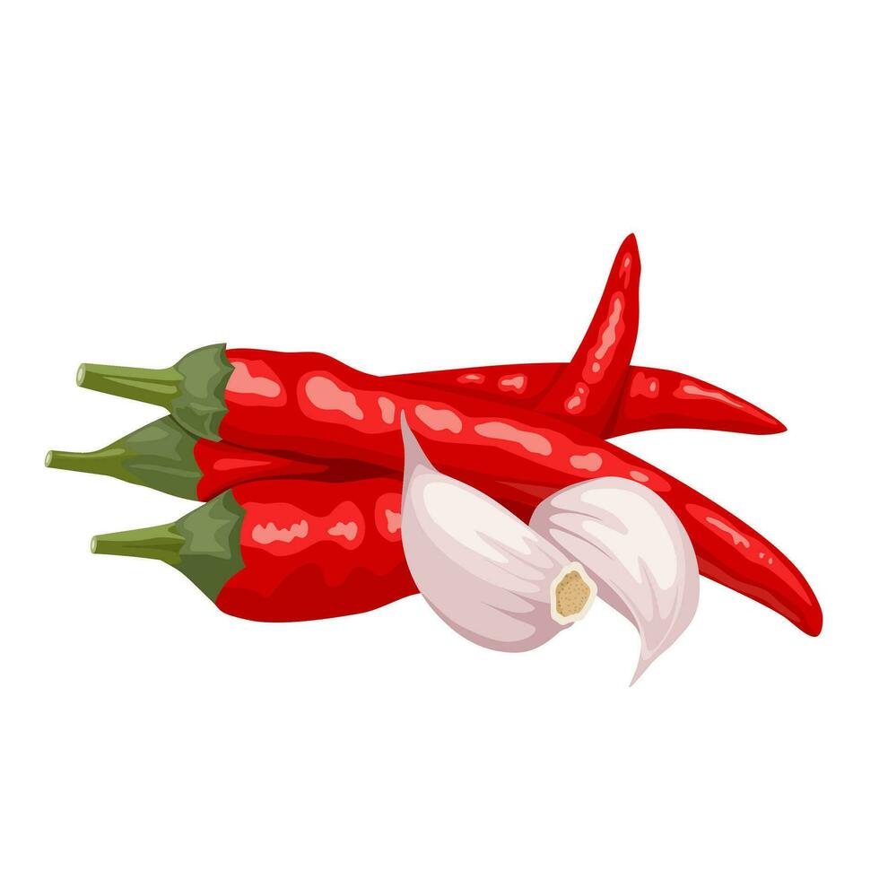 Vektor Illustration, rot Chili und Knoblauch Nelken, Sriracha Soße Würze, isoliert auf Weiß Hintergrund.