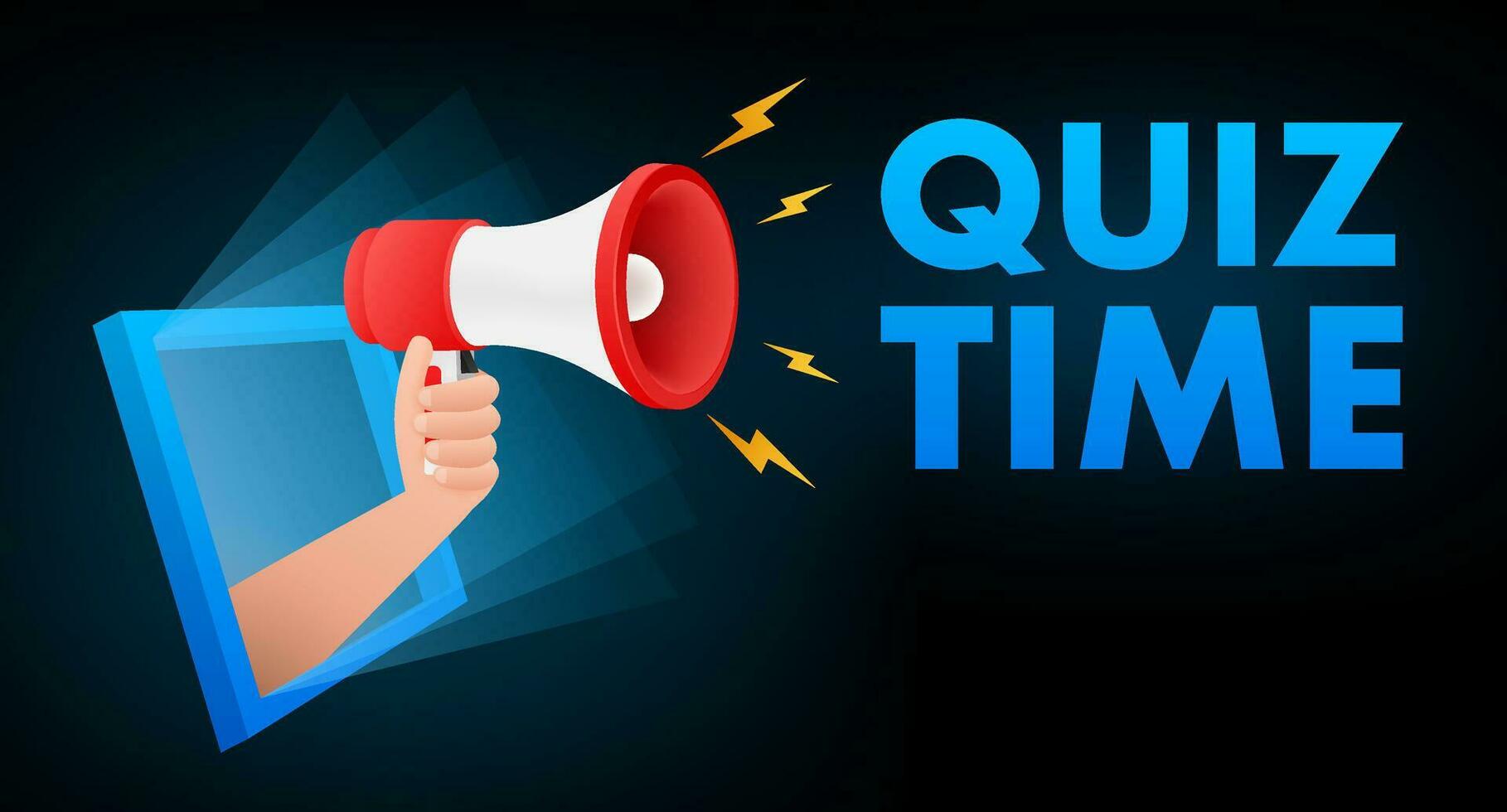 Quiz Zeit Logo mit Uhr, Konzept von Fragebogen Show singen, Quiz Taste, Frage Wettbewerb. Vektor Lager Illustration.