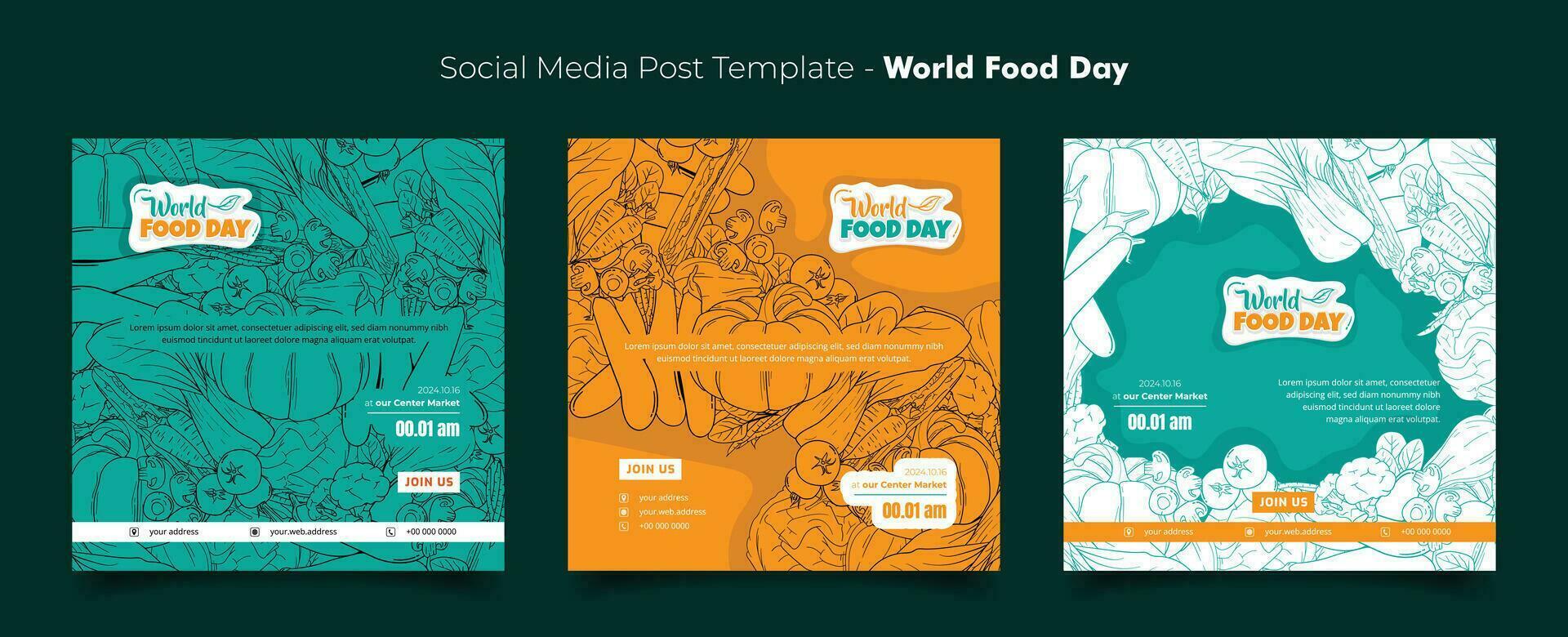 Sozial Medien Vorlage mit Linie Kunst Hand gezeichnet von Gemüse zum Welt Essen Tag Hintergrund Design vektor