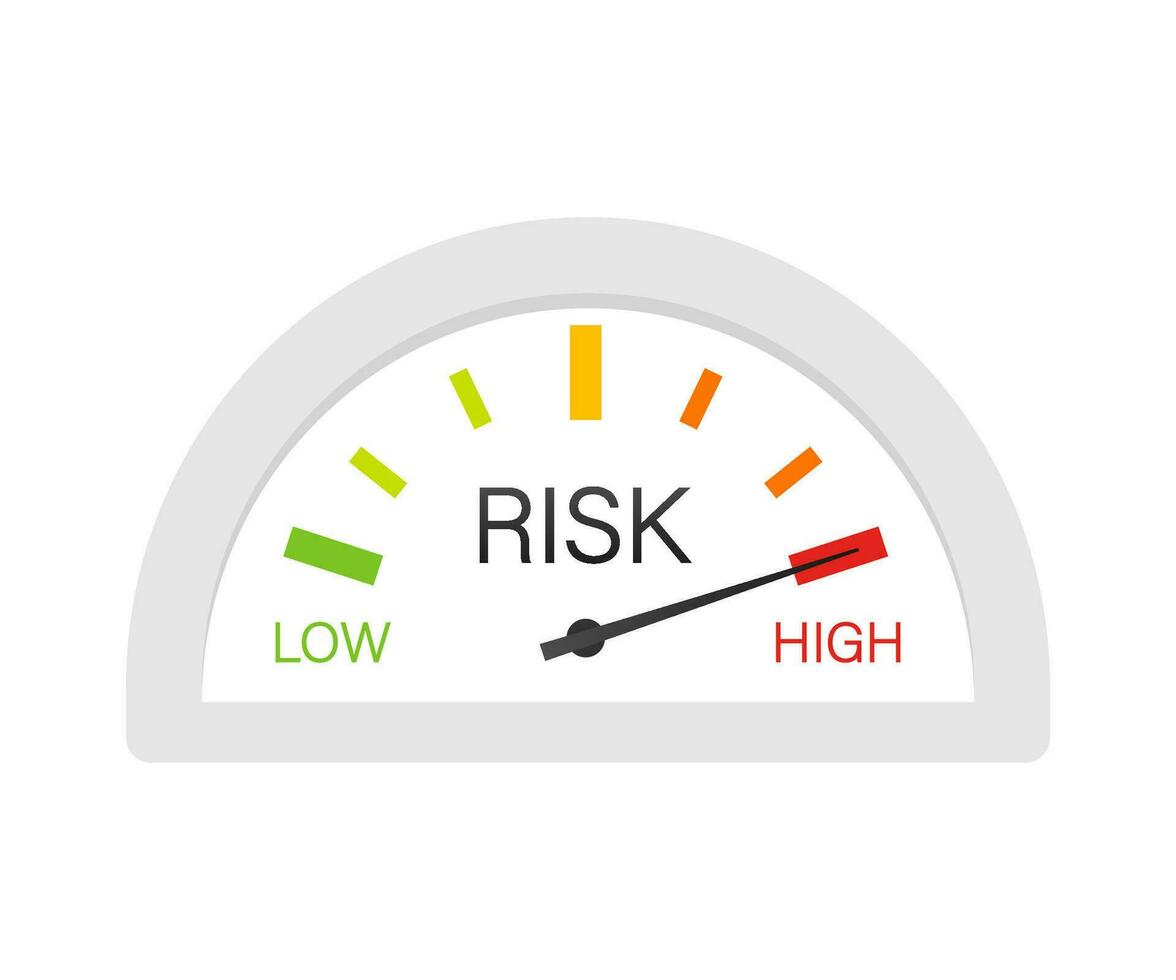 risk ikon på hastighetsmätare. hög risk meter. vektor stock illustration