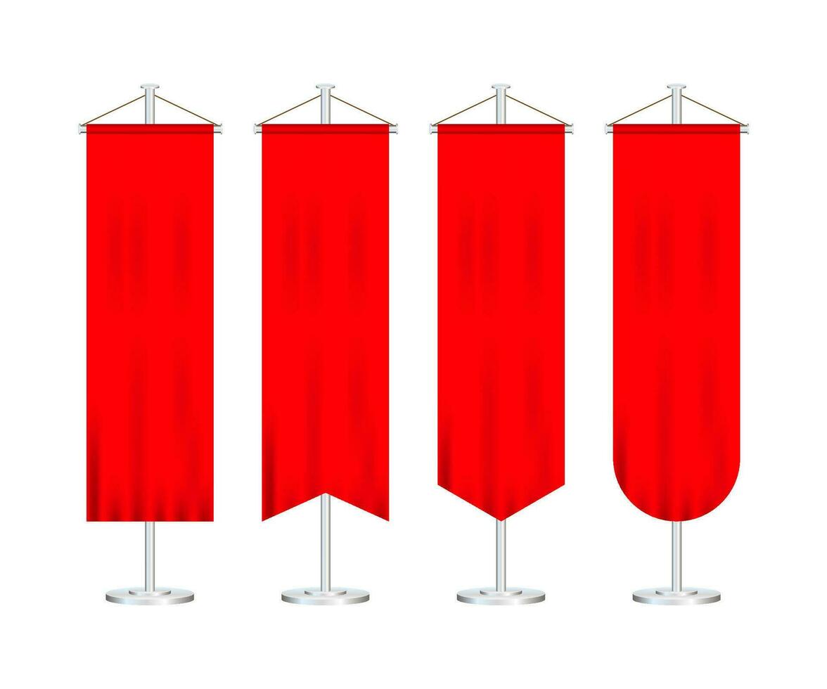 signal röd lång sport reklam vimplar banderoller prover på Pol stå Stöd piedestal realistisk uppsättning. vektor stock illustration.