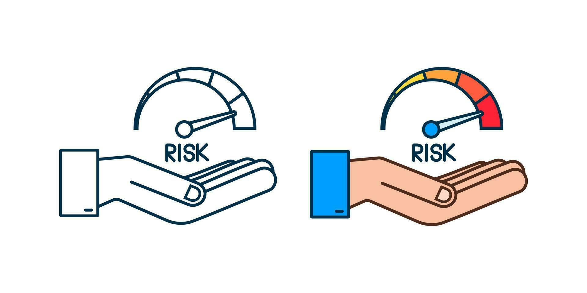 risk ikon på hastighetsmätare i händer. hög risk meter. vektor stock illustration