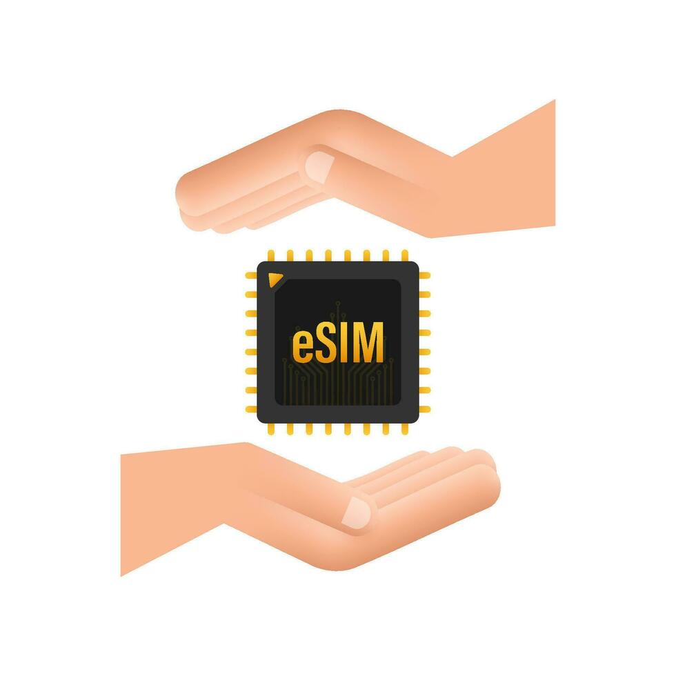 esim inbäddad sim kort med händer ikon symbol begrepp. ny chip mobil cellulär kommunikation teknologi. vektor stock illustration