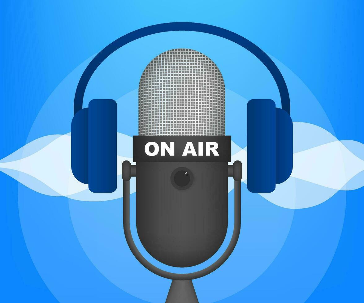 Podcast Symbol mögen auf Luft live. Podcast. Abzeichen, Symbol, Briefmarke, Logo. Radio Rundfunk- oder streamen. Vektor Illustration