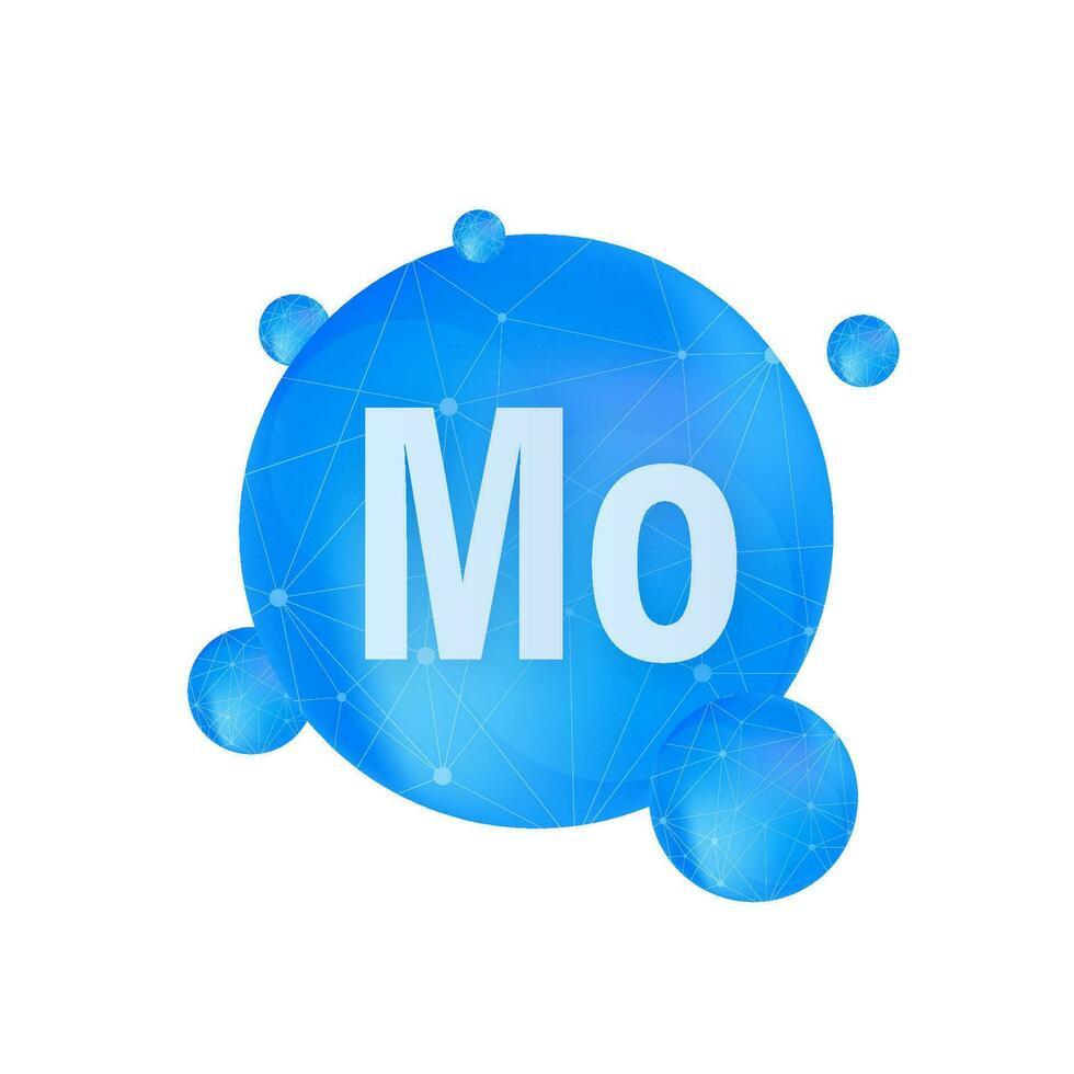 Mineral mo Molybdän Blau leuchtenden Pille Kapsel Symbol. Substanz zum Schönheit. Molybdän Mineral Komplex vektor
