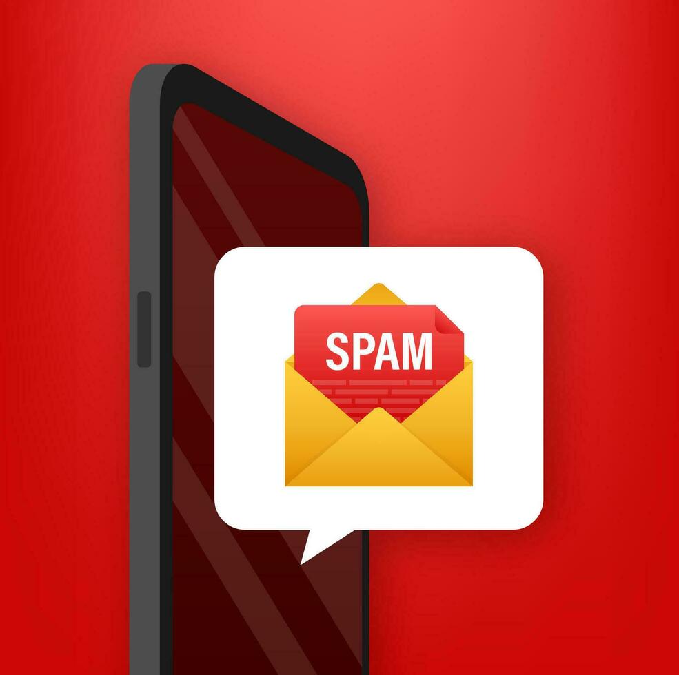 Nein Spam. Spam Email Warnung. Konzept von Virus, Piraterie, hacken und Sicherheit. Briefumschlag mit Spam. Vektor Illustration