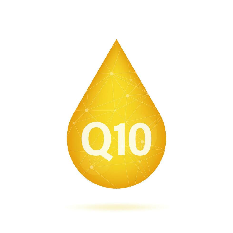 Coenzym q10. Gold Vektor Öl Symbol. Enzym fallen Pille Kapsel. Vektor Lager Illustration