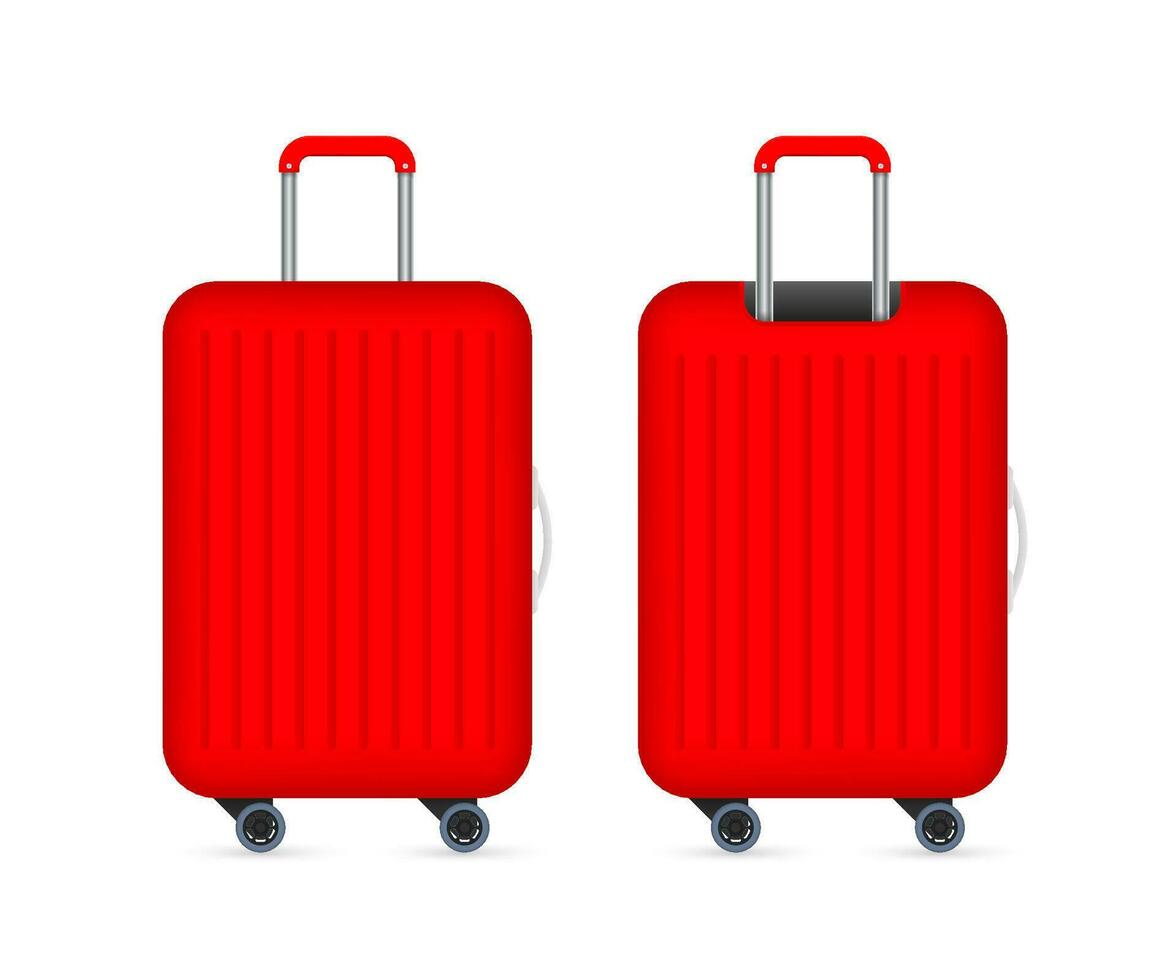 rot Reise Plastik Koffer mit Räder realistisch auf Weiß Hintergrund. Vektor Lager Illustration.