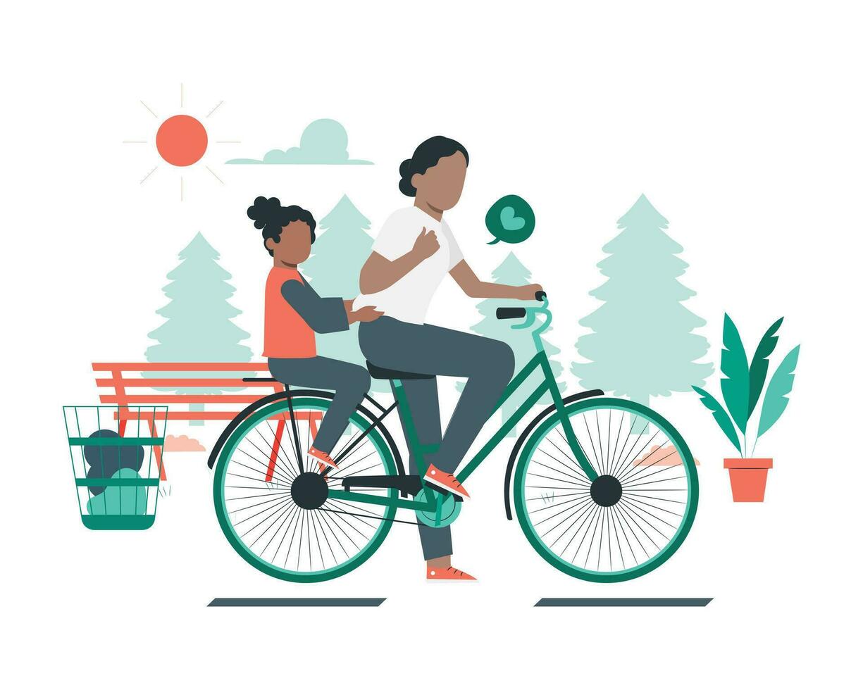 Mutter und Sohn Reiten ein Fahrrad im das Park. eben Vektor Grün Leben zum nachhaltig beim Zuhause Illustration.