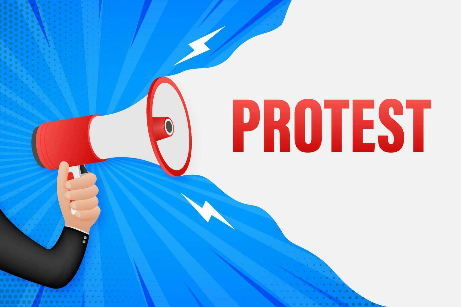 Hand halten Megaphon mit Protest. Megaphon Banner. Netz Design. Vektor Lager Illustration.