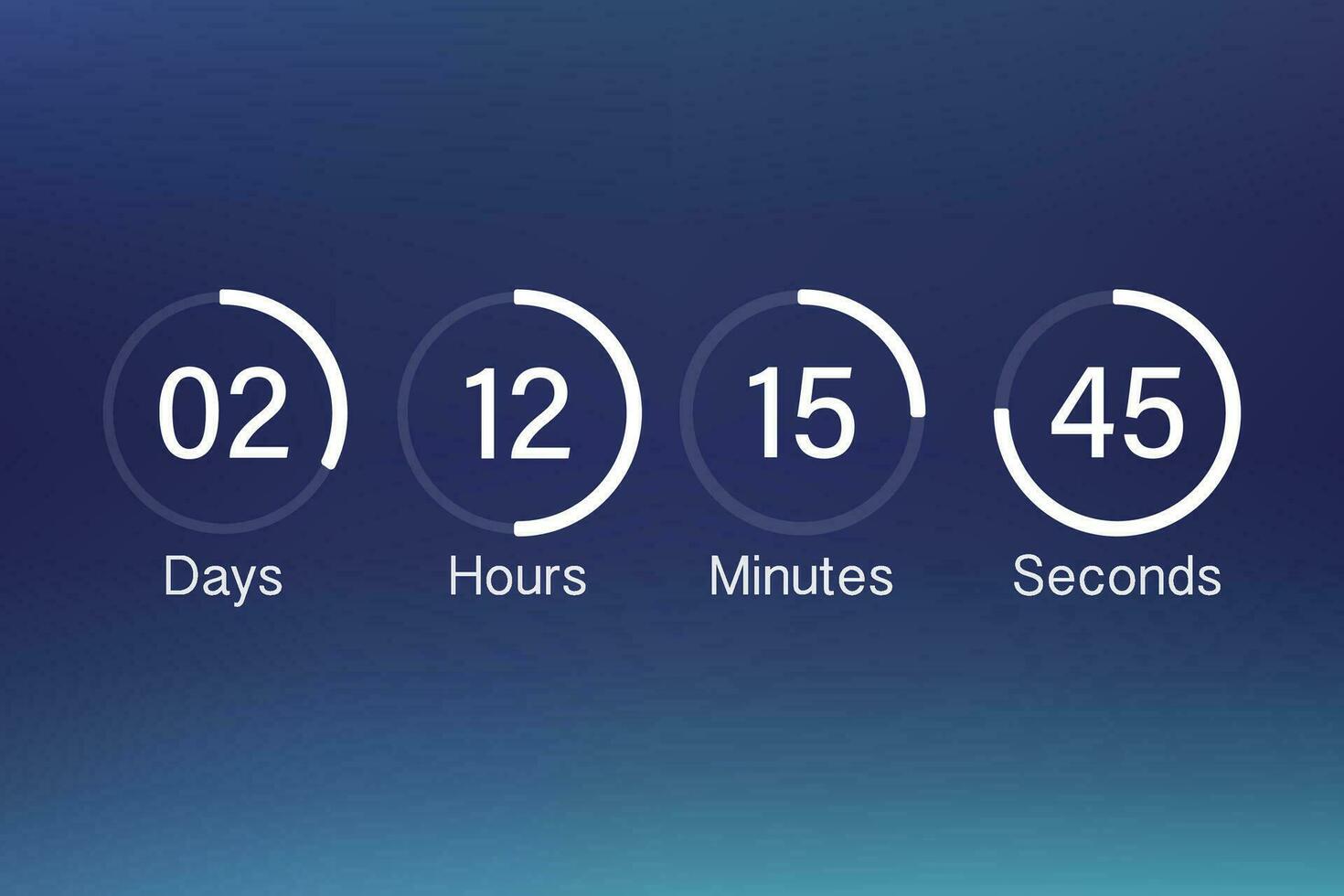 Vektor Countdown Uhr Zähler Timer. ui App Digital Anzahl Nieder Kreis Tafel Meter mit Kreis Zeit Kuchen Diagramm. Anzeigetafel von Tag, Stunde, Protokoll und Sekunden zum Netz Seite Kommen bald Veranstaltung Vorlage