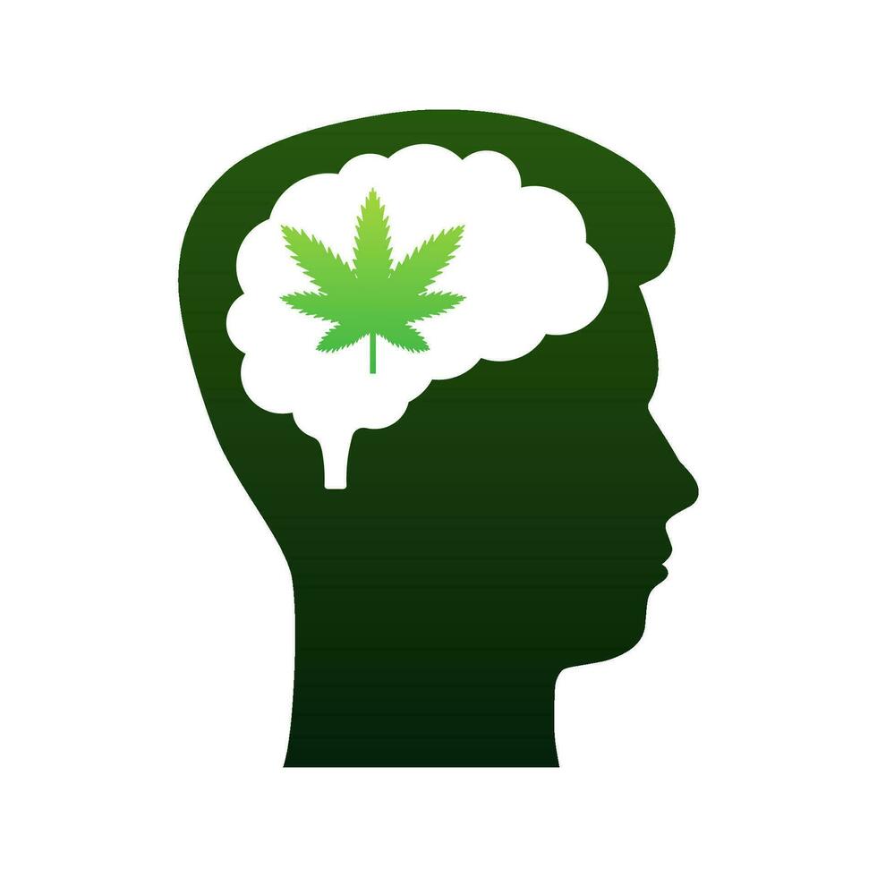 tecknad serie grön mänsklig hjärna cannabis. hjärna med marijuana löv. medicinsk behandling. vektor stock illustration
