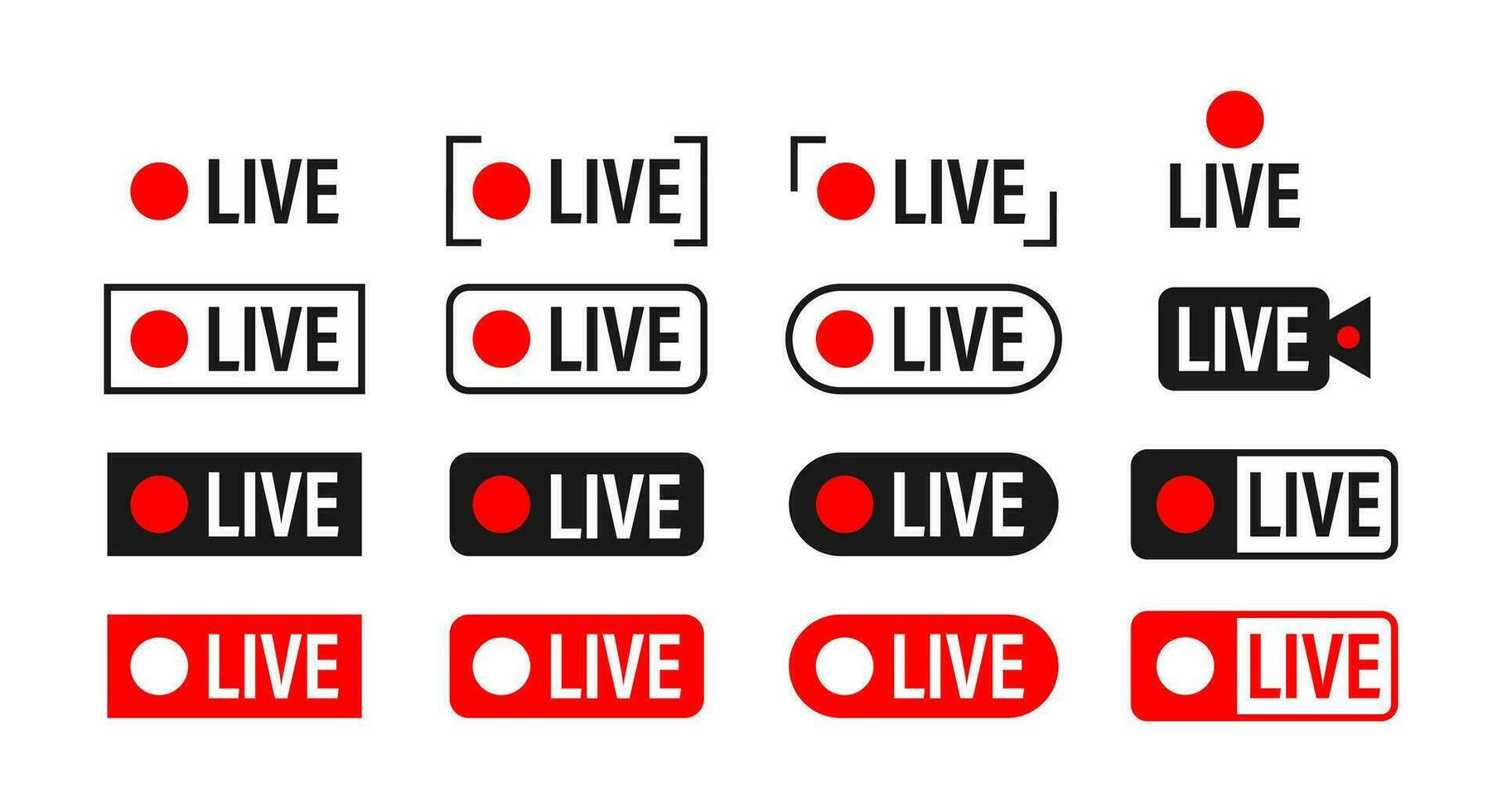 uppsättning av leva strömning ikoner. sändning. röd symboler och knappar av leva ström, uppkopplad ström. vektor stock illustration