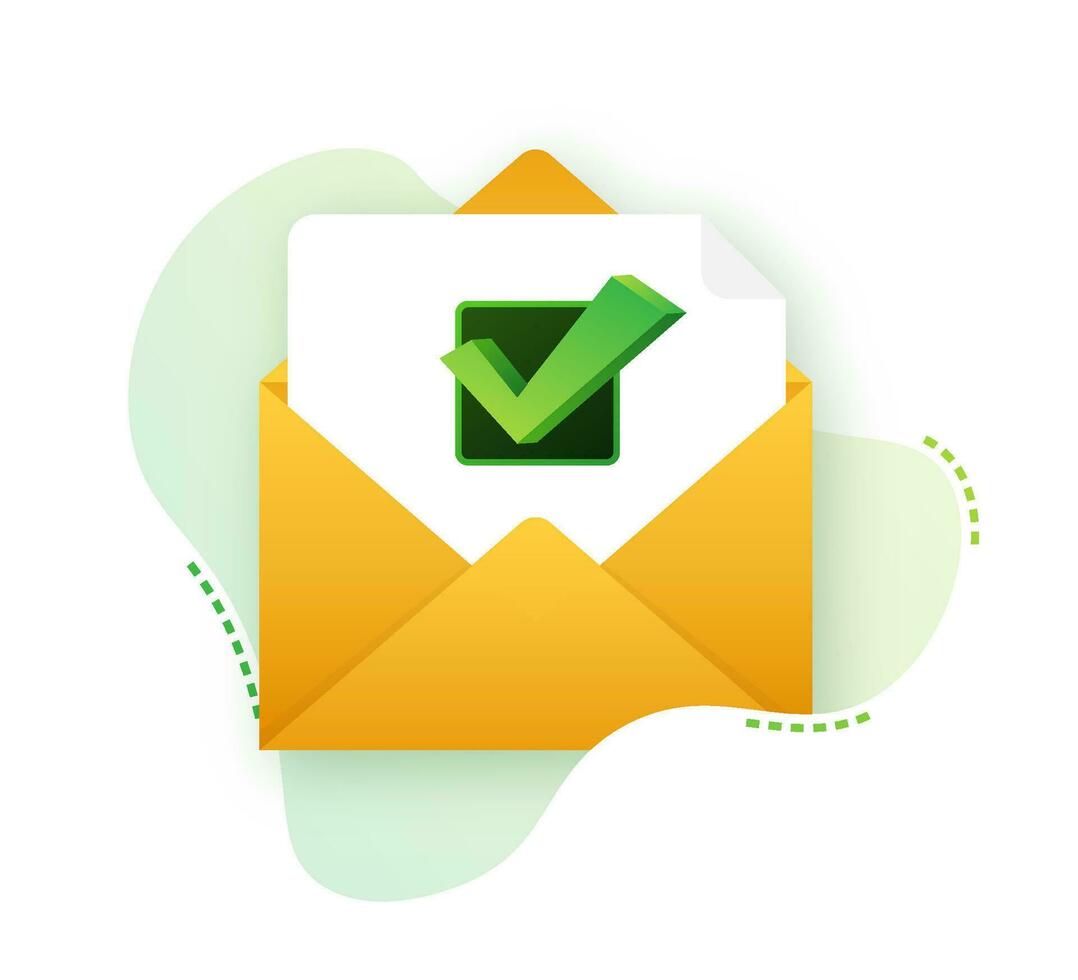 öppnad kuvert och dokumentera med grön kolla upp märke. verifiering e-post. vektor illustration